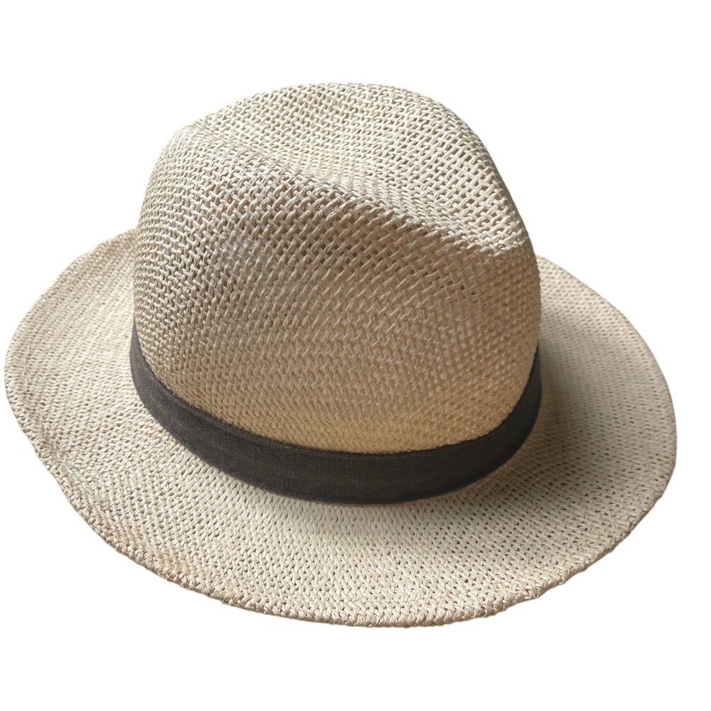 Old Navy Straw Hat Fedora Style Natural Tan Unisex Attached Brown Ribbon Band OS - Picture 2 of 6